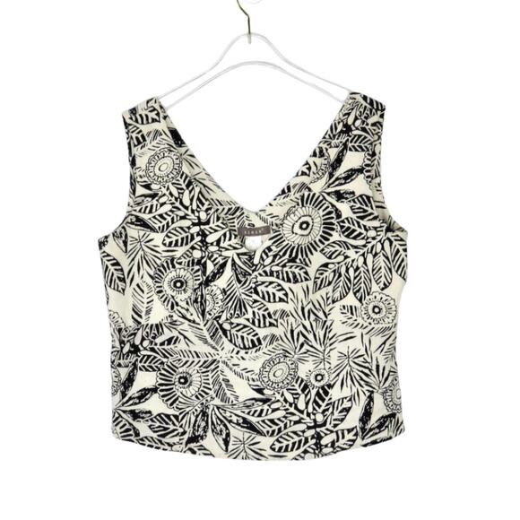Kenar 1990s Vintage Black & White Leaf Print Linen Sleeveless Blouse XL - Picture 1 of 3